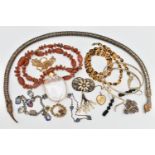 A BAG OF ASSORTED COSTUME JEWELLERY, to include a white metal snake chain, a white metal enamel