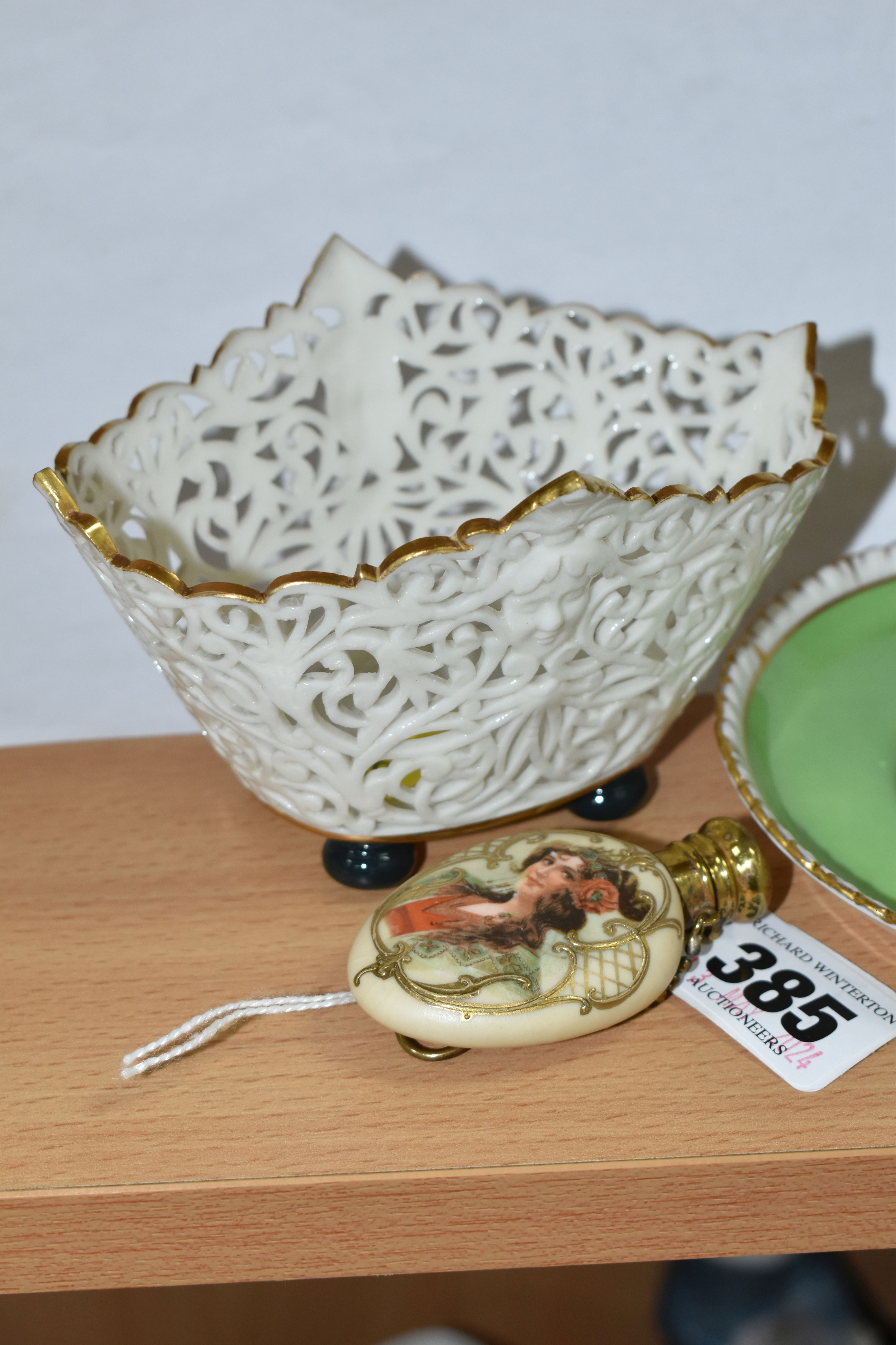 TWO PORCELAIN SCENT FLASKS, RETICULATED POT AND ROYAL CROWN DERBY SAUCER, comprising an ivory - Image 2 of 6