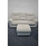 A CREAM UPHOLSTERED PARKER KNOLL THREE SEATER SOFA, length 206cm, and a matching footstool (