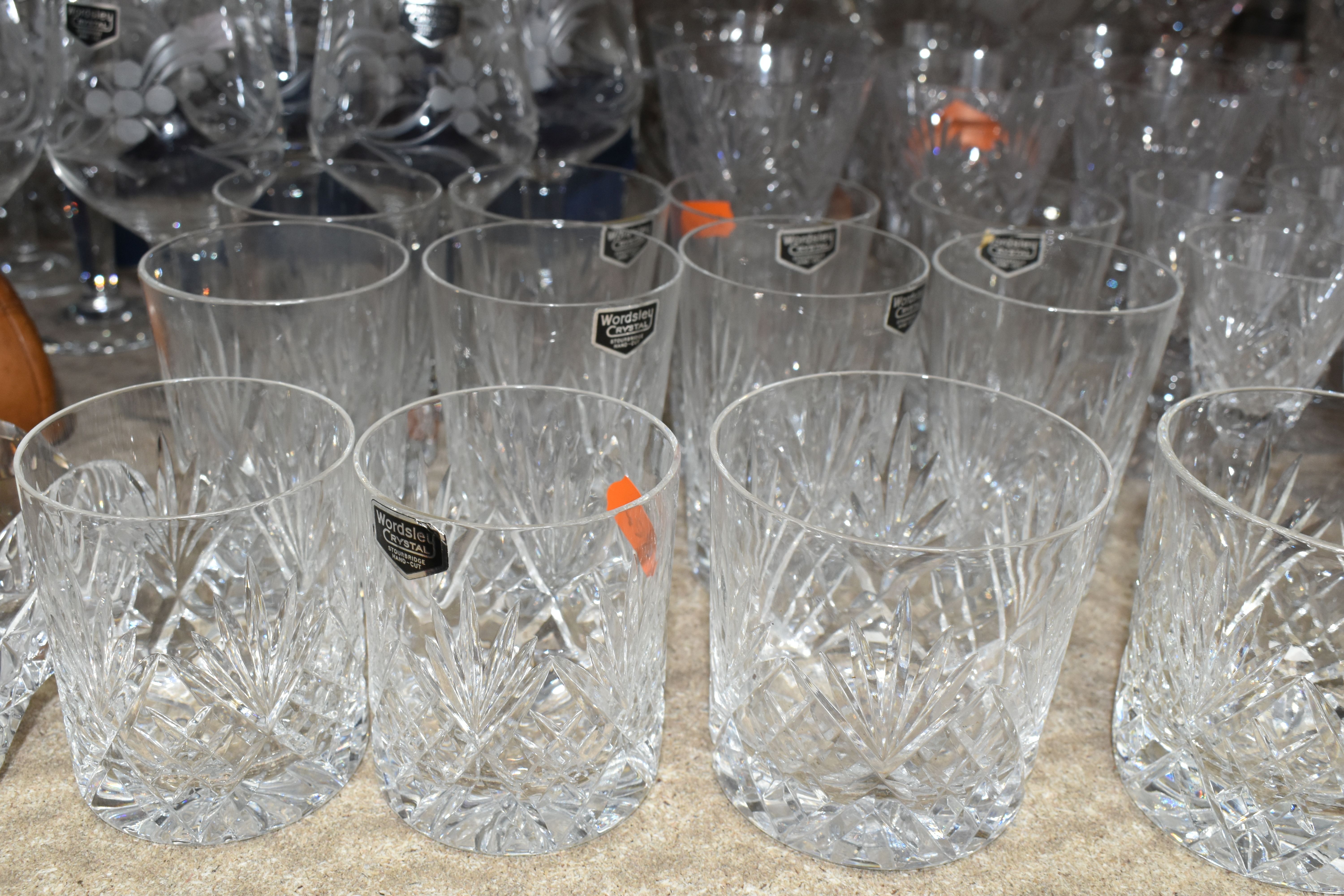 A LARGE COLLECTION OF WORDSLEY AND ROYAL DOULTON CRYSTAL CUT GLASSWARE ETC, including whisky - Image 5 of 10