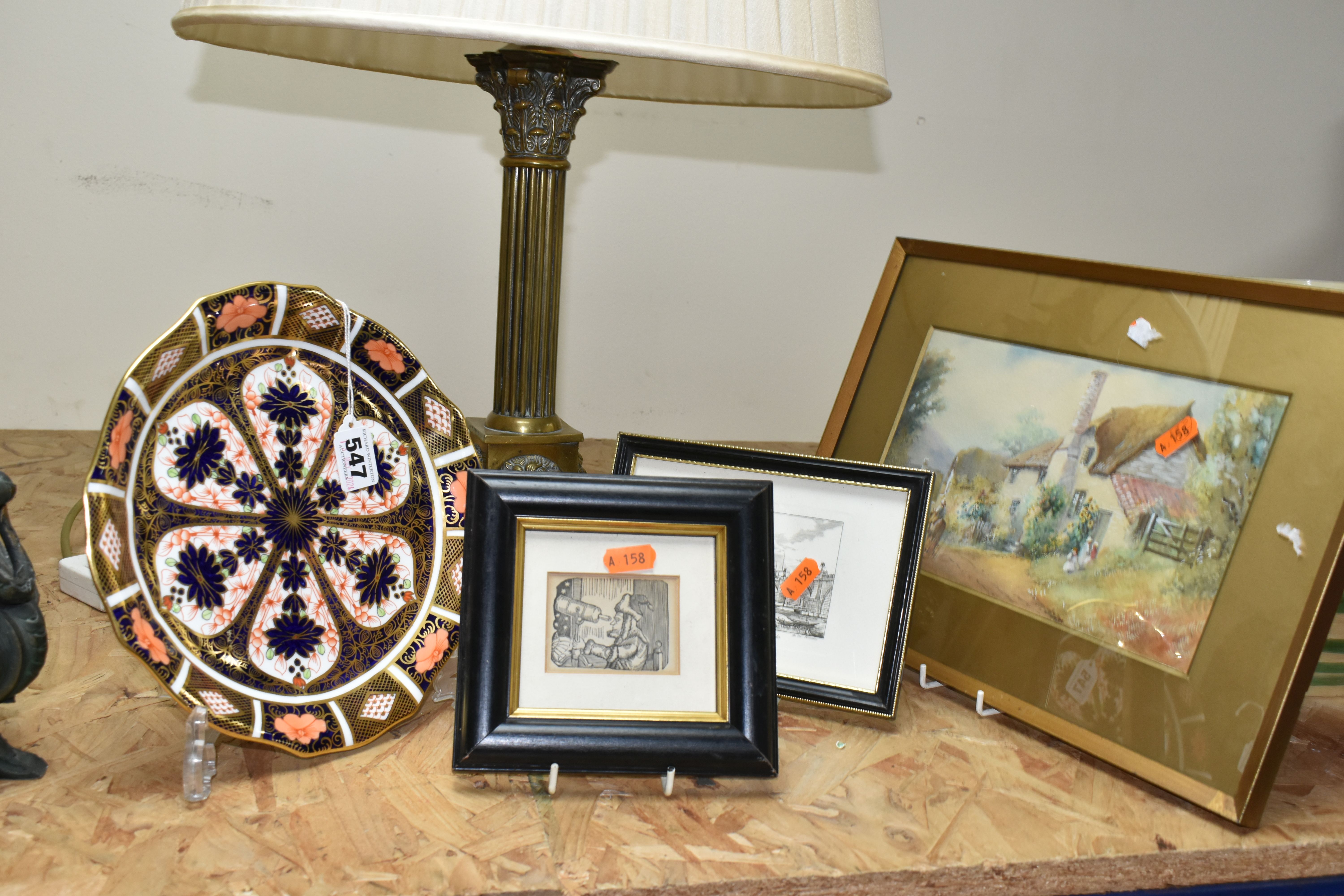 A ROYAL CROWN DERBY IMARI 1128 PLATE, A TABLE LAMP AND THREE PICTURES, comprising the wavy rimmed