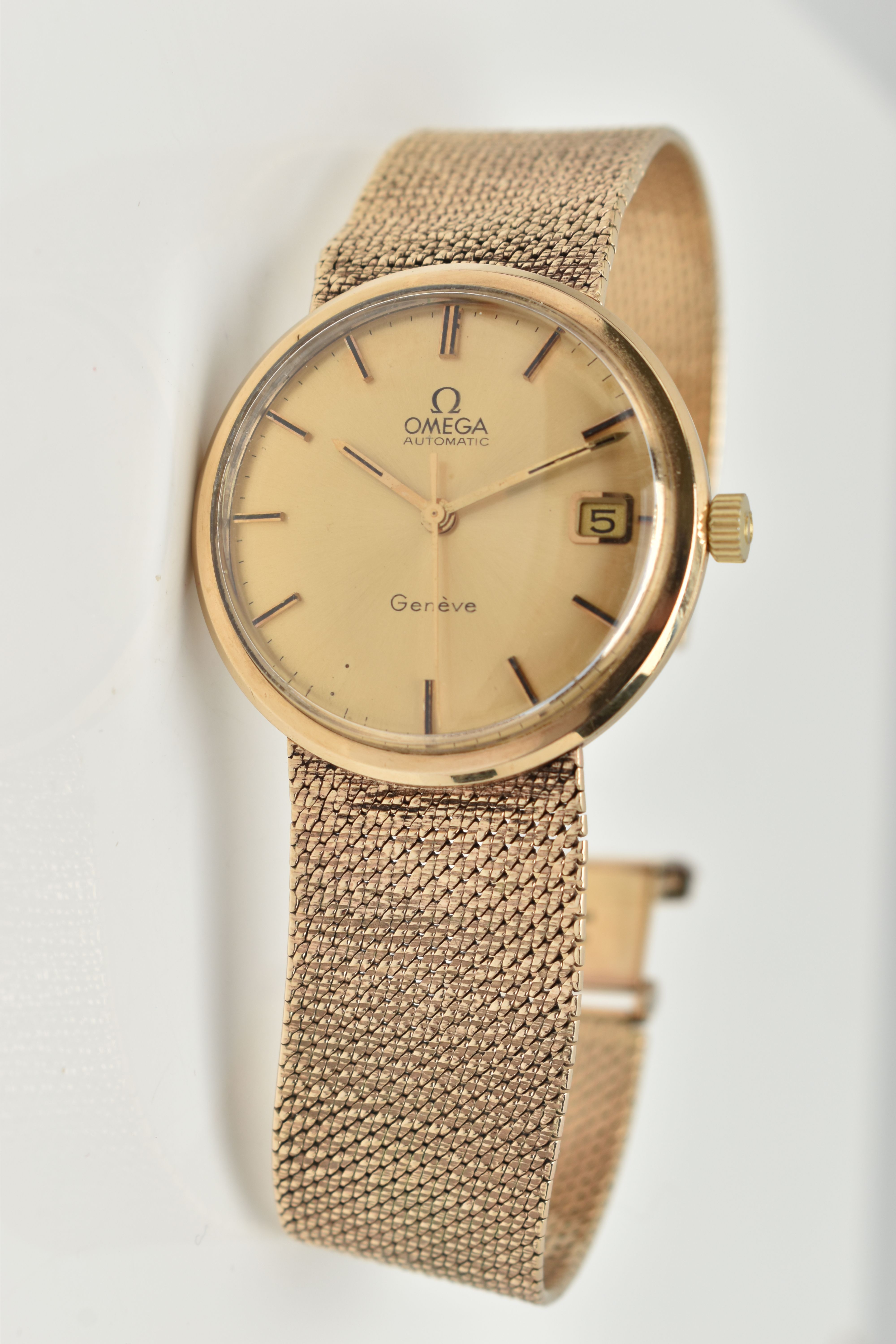 A 9CT GOLD 'OMEGA' WRISTWATCH, automatic movement, round gold tone dial, signed 'Omega automatic - Image 4 of 9