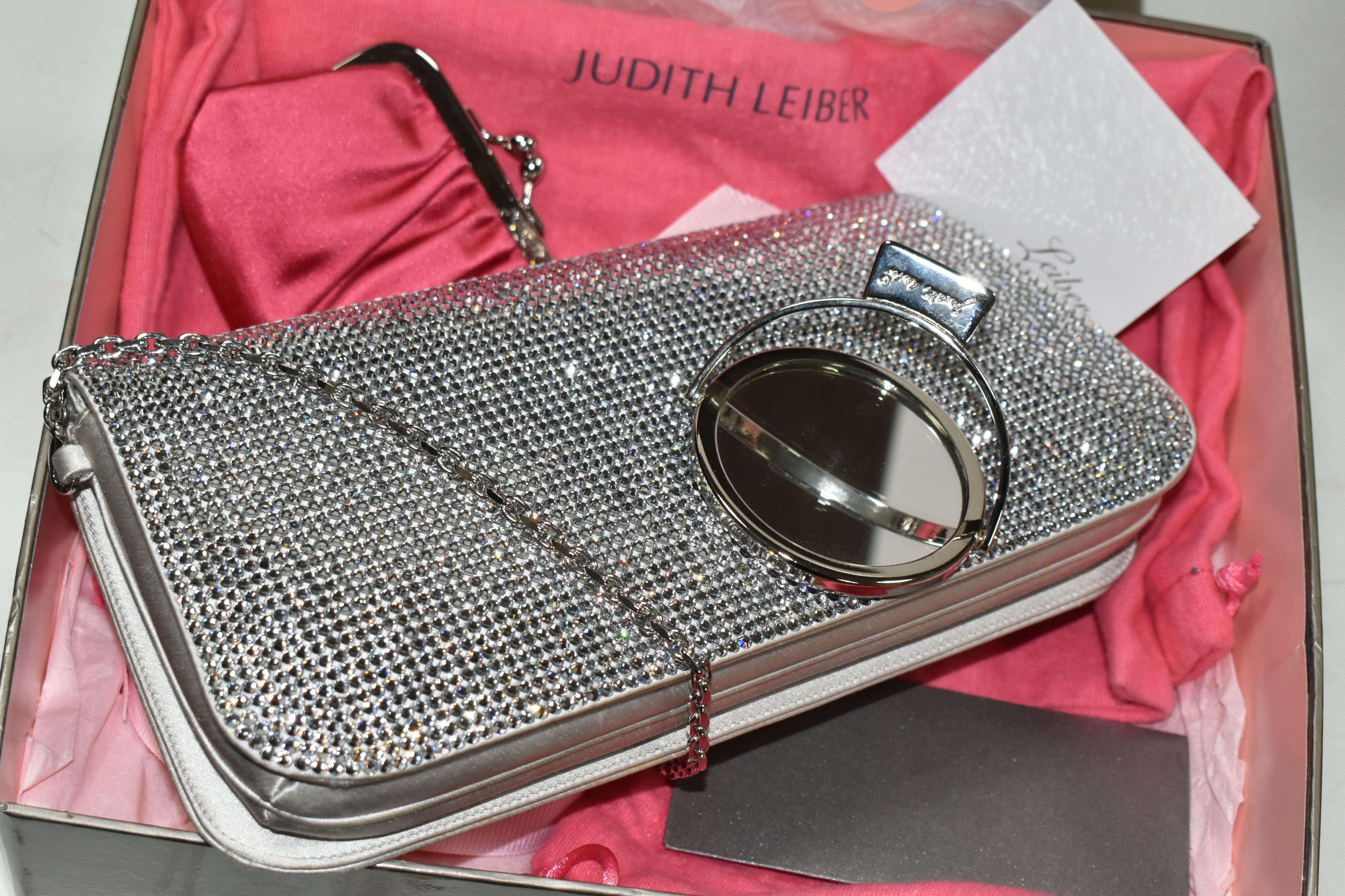 A BOXED JUDITH LEIBER DOUBLE SIDED SILVER DIAMANTE BAG, with grey satin exterior and pink satin - Image 9 of 9