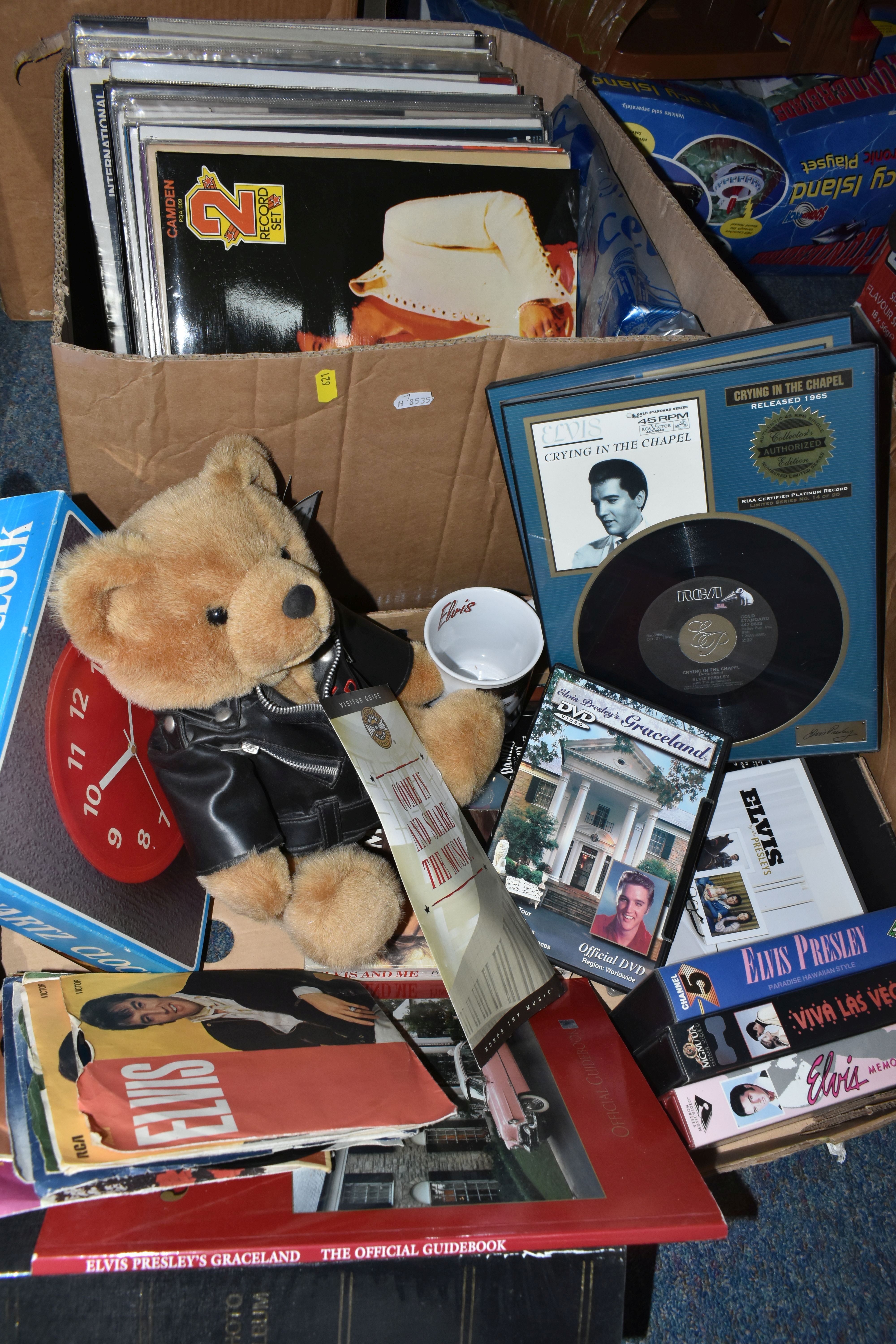 TWO BOXES OF ELVIS PRESLEY LP RECORDS, FILMS AND MEMORABILIA, to include a framed collector's - Image 5 of 5