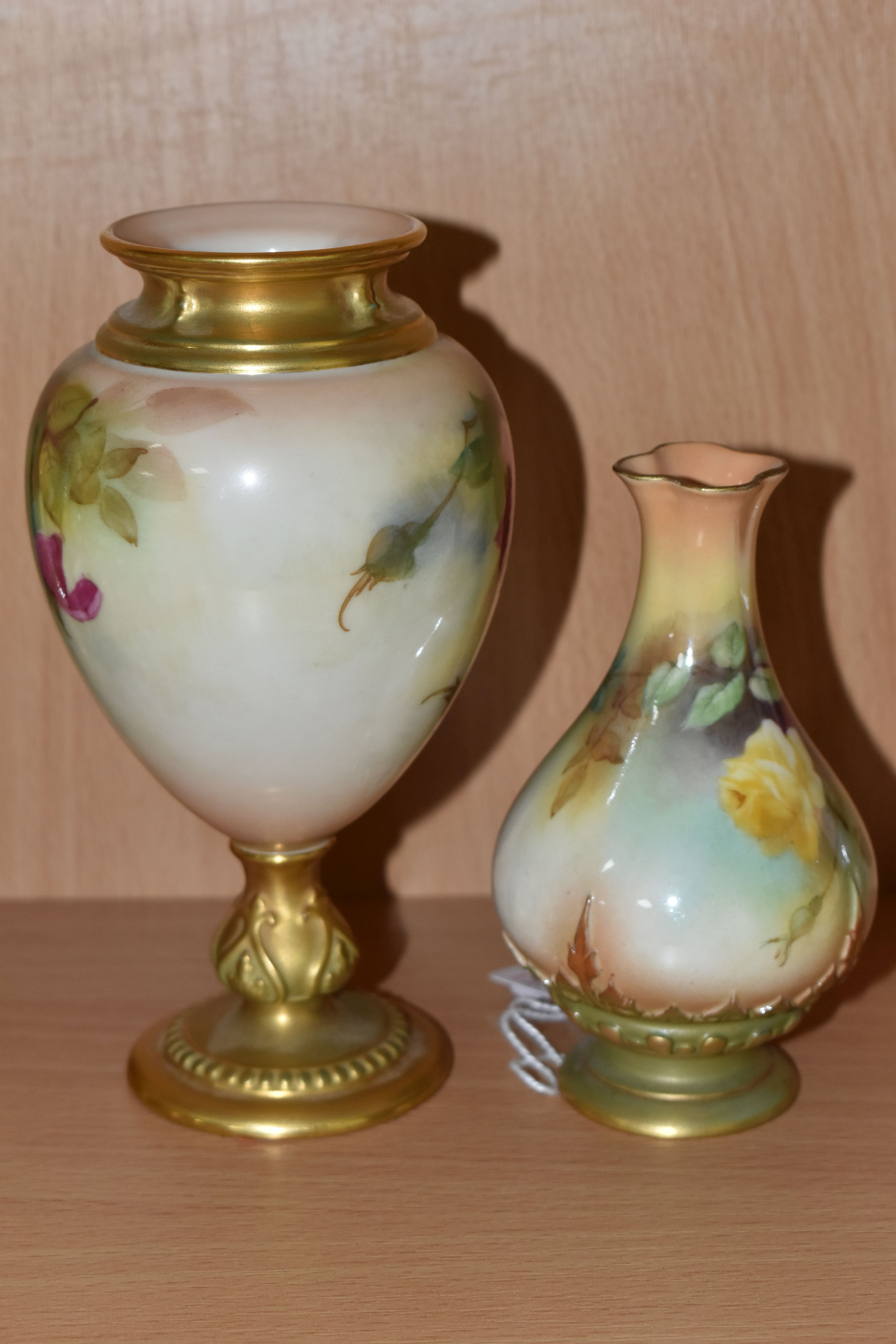 TWO ROYAL WORCESTER BLUSH IVORY VASES, comprising a relief moulded bud vase, model No. 285 decorated - Image 3 of 5