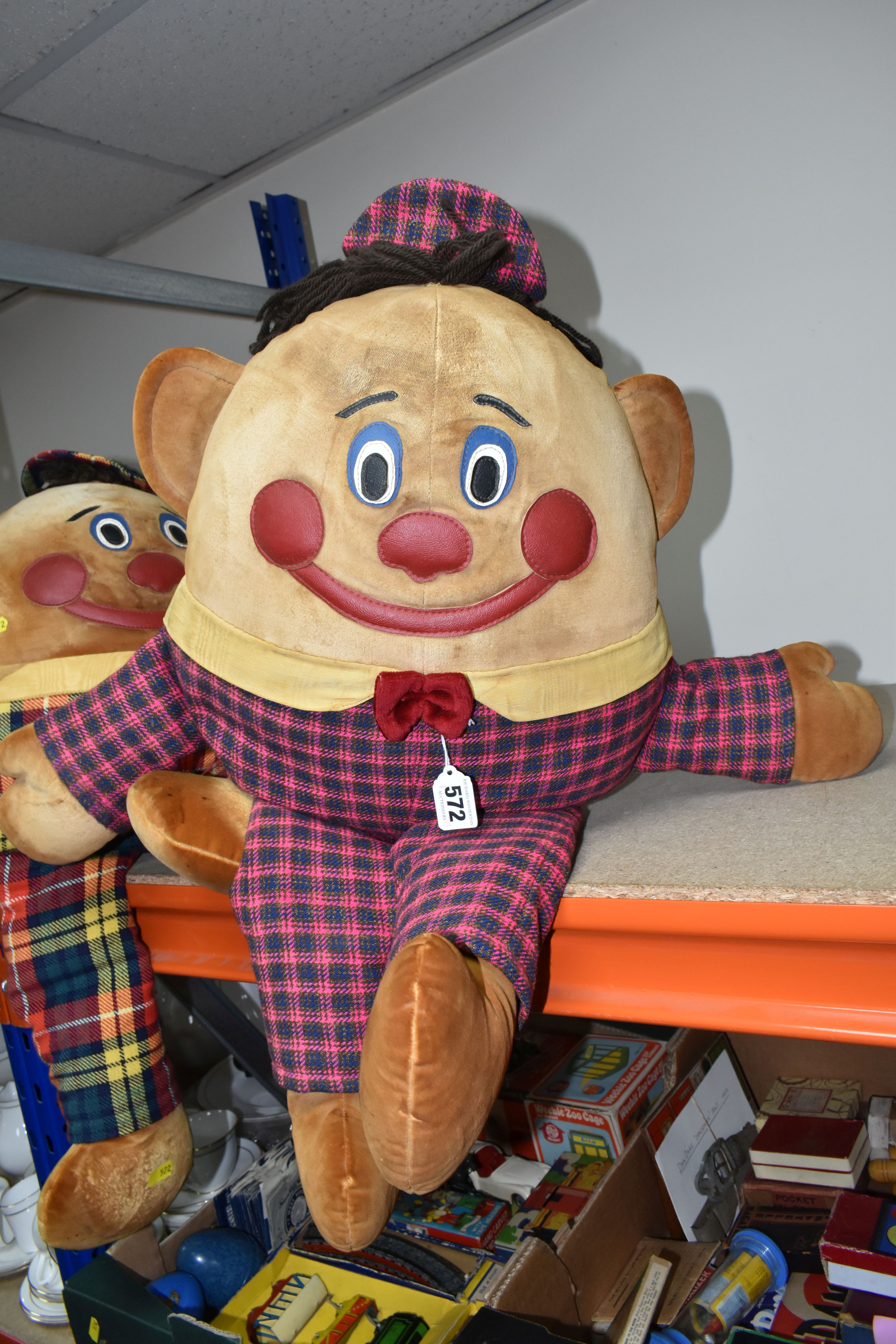 TWO LARGE MID-CENTURY 'HUMPTY-DUMPTY' SOFT TOYS, both wearing checked trousers, caps and red - Image 2 of 3