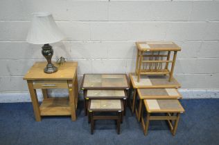 A SELECTION OF SOLID OAK OCCASIONAL FURNITURE, to include a lamp table, with a single frieze