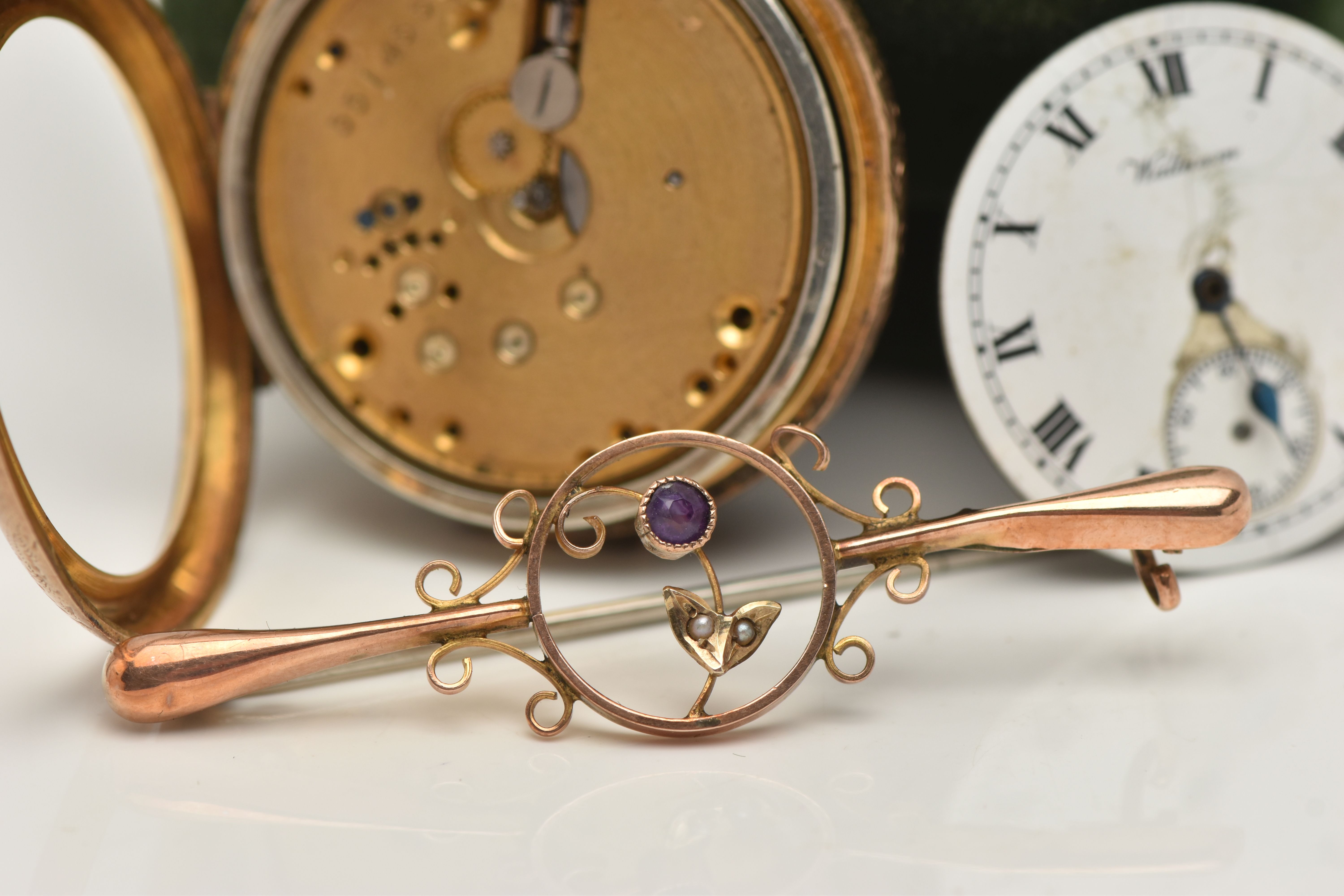 A ROSE METAL BAR BROOCH AND A LADIES POCKET WATCH, the brooch depicting a flower set with a circular - Image 2 of 6