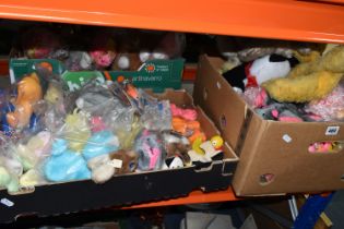 THREE BOXES OF VINTAGE TOYS including vintage teddy bears, straw filled dog, a panda with its