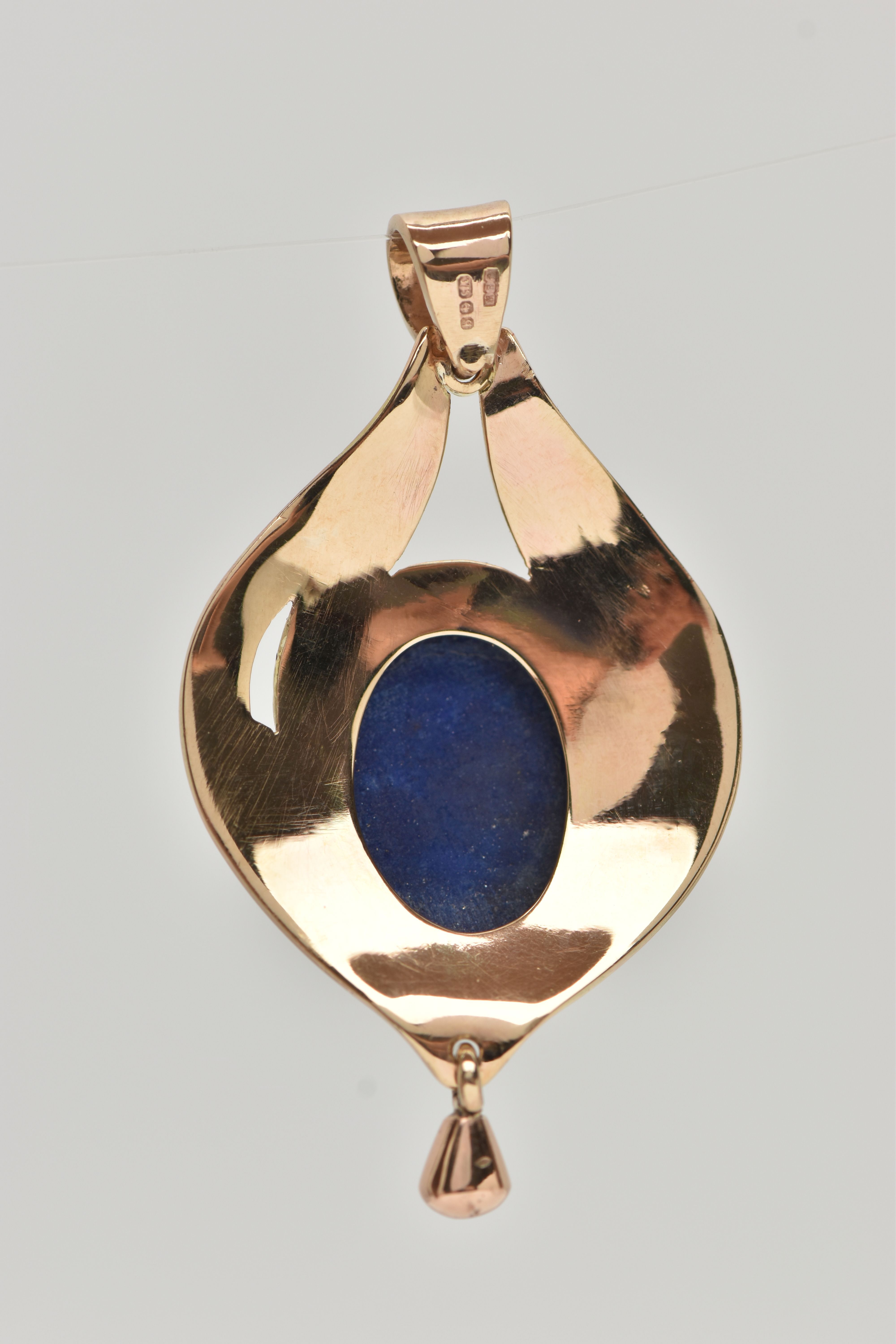 A 9CT GOLD LAPIS LAZULI PENDANT, tear drop shape pendant, set with a central oval lapis lazuli - Image 4 of 4