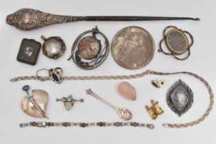 A SELECTION OF SILVER AND WHITE METAL ITEMS, to include a large silver handled button hook,