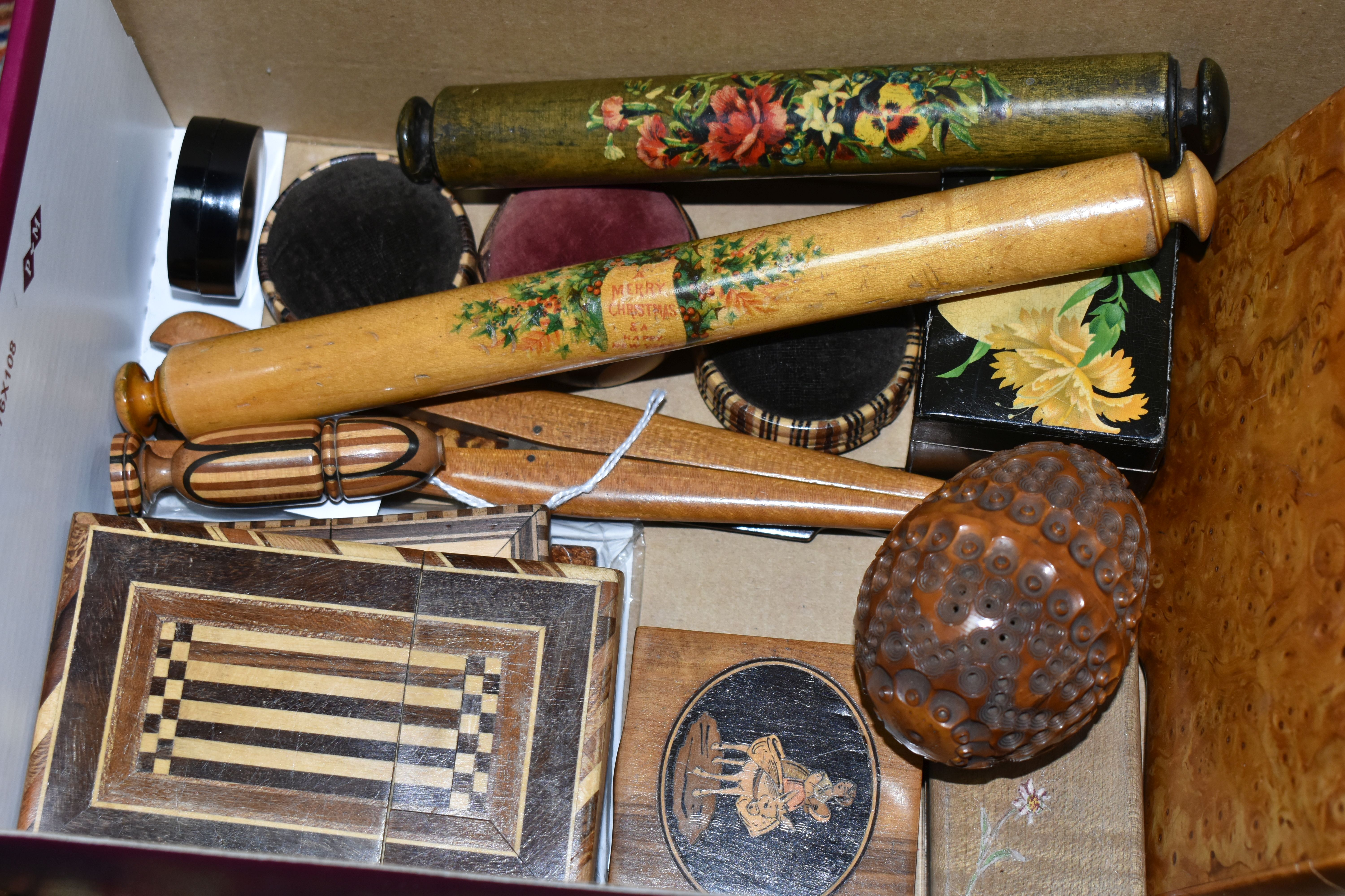 A BOX OF TREEN, to include a Coquilla nut sewing case (two small splits), pin cushions, three card - Image 3 of 4