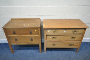 AN EARLY 20TH CENTURY PINE CHEST OF THREE LONG DRAWERS, width 91cm x depth 44cm x height 78cm, along