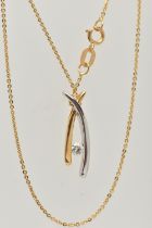 A MODERN 18CT YELLOW AND WHITE GOLD DIAMOND PENDANT WITH CHAIN, the plain polished pendant of