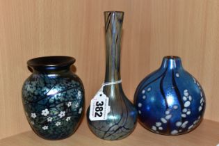 A GROUP OF THREE IRIDESCENT STUDIO GLASS VASES, comprising an iridescent glass vase by Siddy