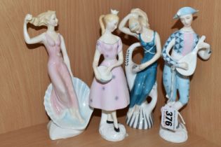 A GROUP OF ROYAL DOULTON FIGURINES, comprising Harlequin HN2186, Wood Nymph HN2192, Columbine