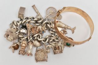 TWO BRACELETS, the first a silver curb link charm bracelet, fitted with a heart padlock clasp,