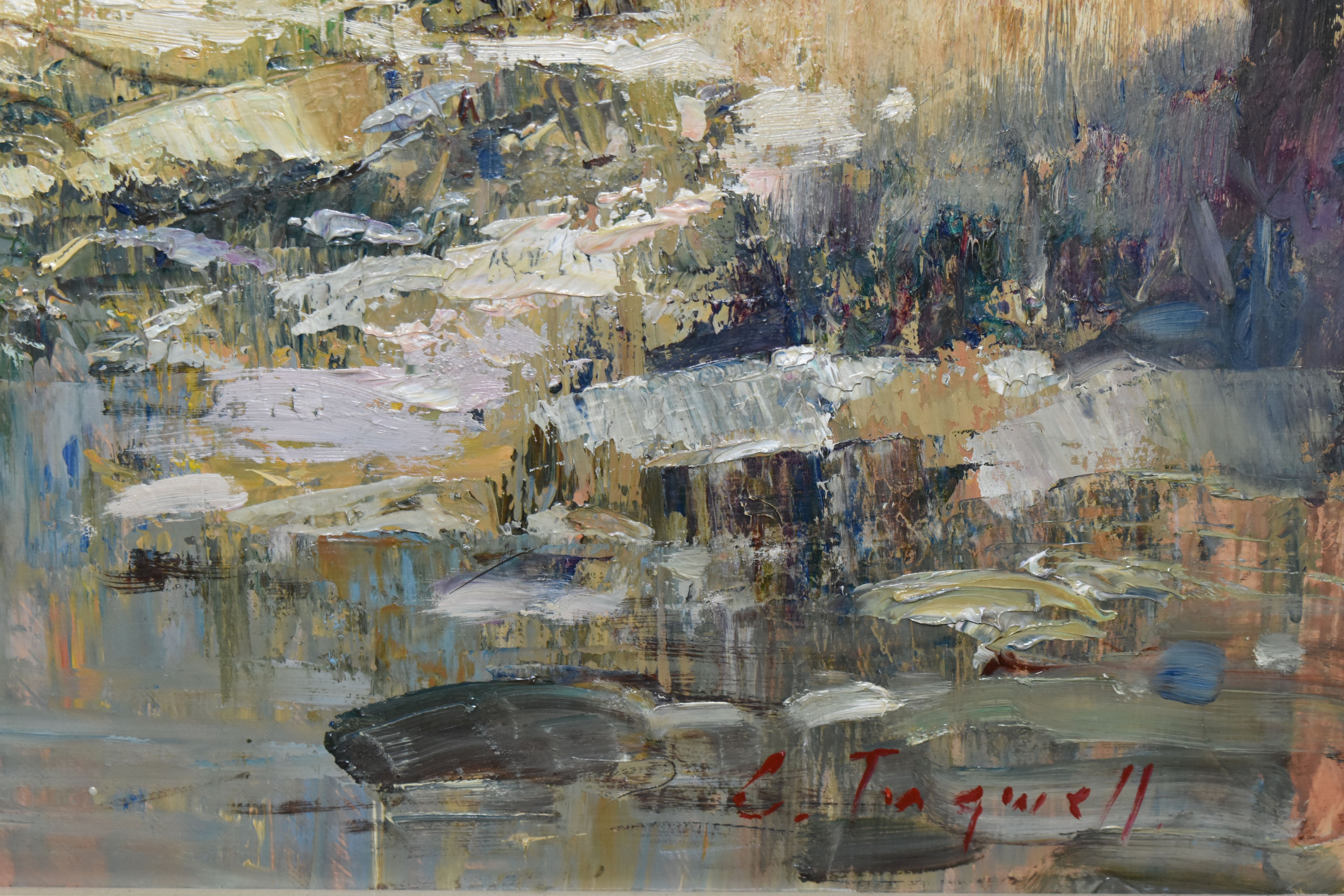 CHRISTOPHER TUGWELL (SOUTH AFRICA 1938-2021) AN IMPRESSIONST STYLE LANDSCAPE, a small stream cuts - Image 4 of 4