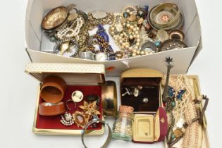 A BOX OF ASSORTED COSTUME JEWELLERY AND ITEMS, to include imitation pearl necklaces, bangles,