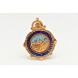 A 9CT GOLD ENAMEL FOB MEDAL, circular form, blue enamel detail, inscribed 'Liverpool Parks Bowling