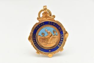 A 9CT GOLD ENAMEL FOB MEDAL, circular form, blue enamel detail, inscribed 'Liverpool Parks Bowling