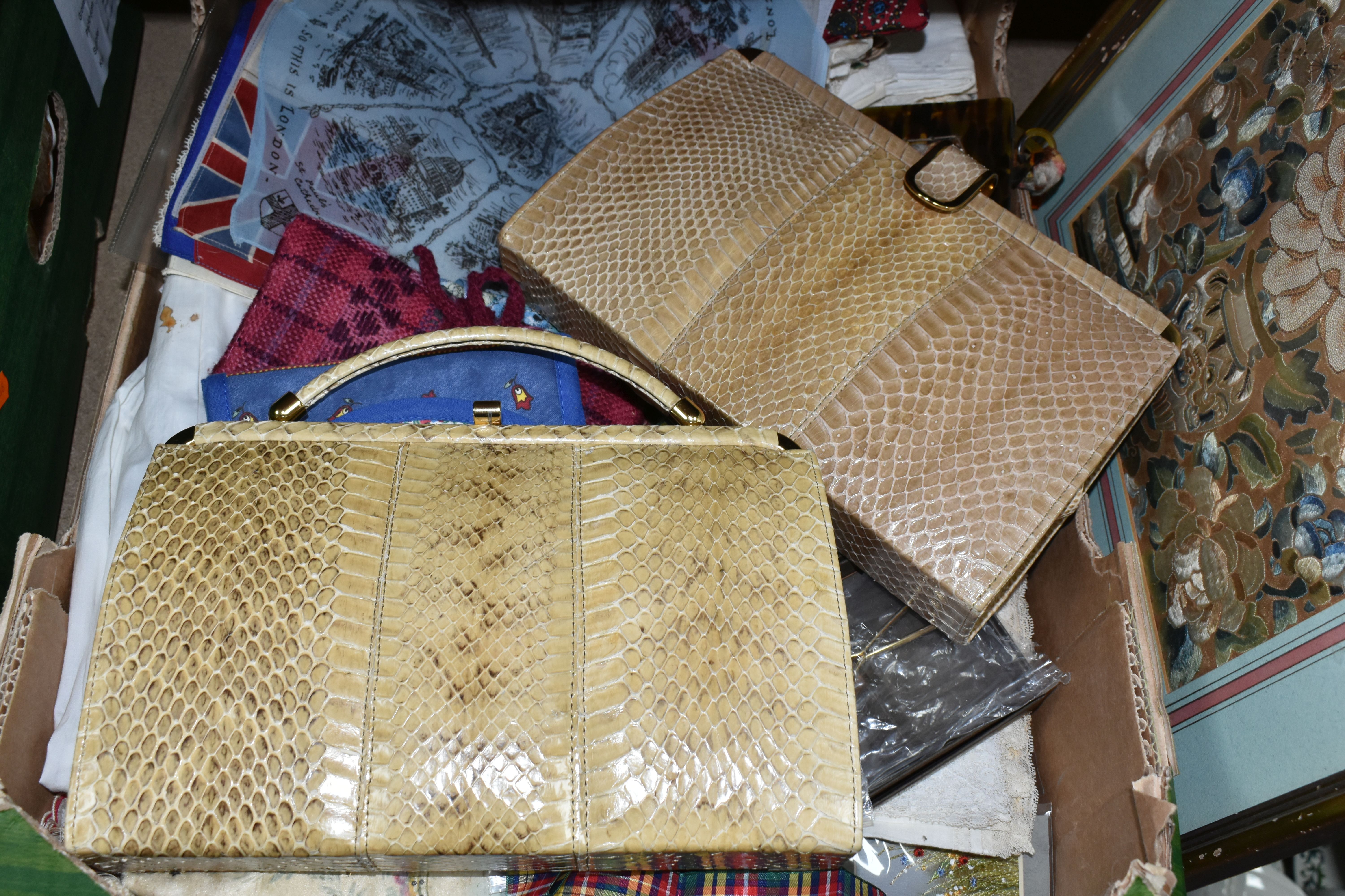 ONE BOX OF VINTAGE HANDKERCHIEFS, EMBROIDERY KITS, AND SNAKE SKIN HANDBAGS, with a large - Image 3 of 6
