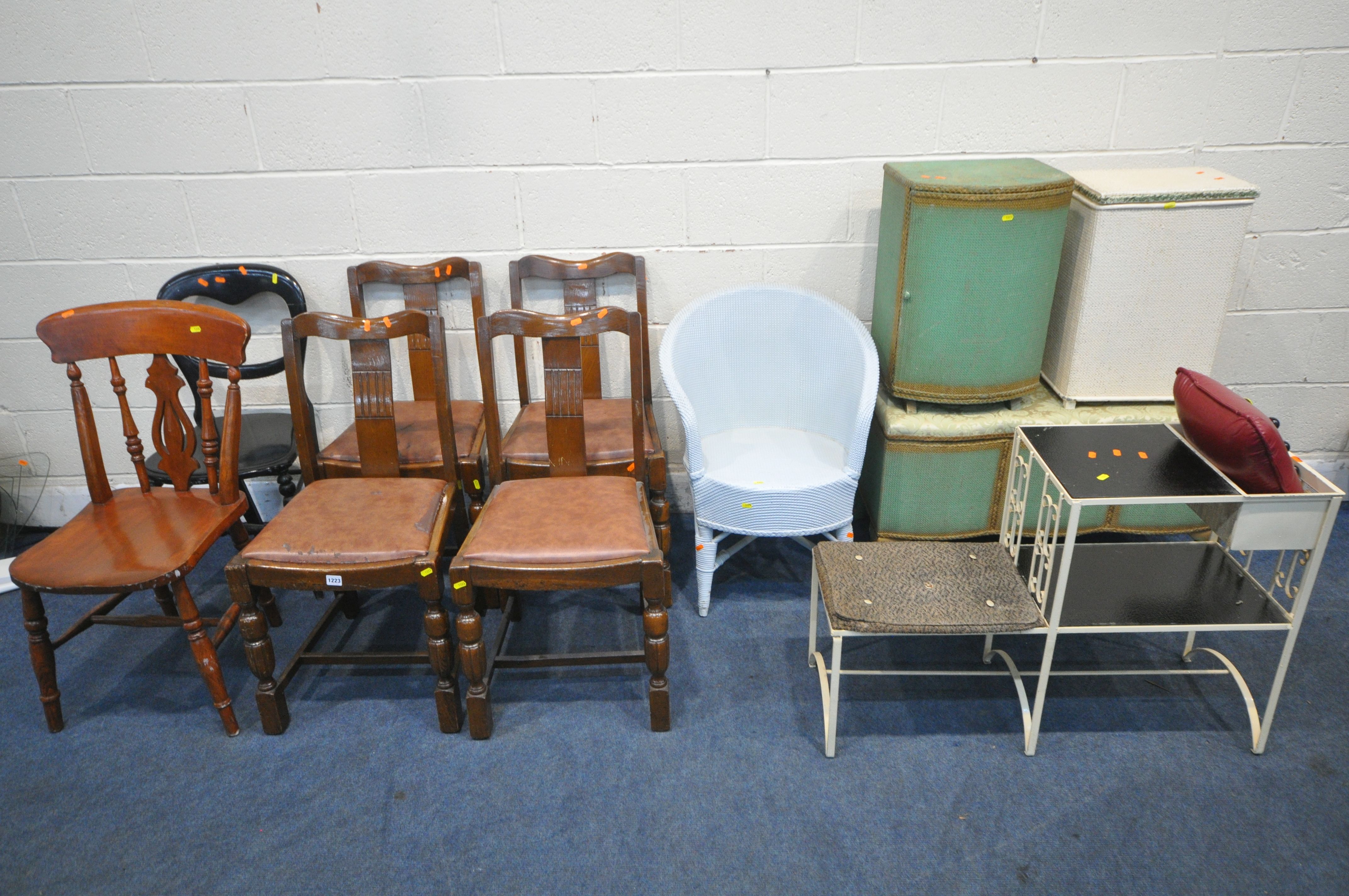 A SET OF FOUR 20TH CENTURY OAK DINING CHAIRS, three other chairs, a green painted ottoman, a green