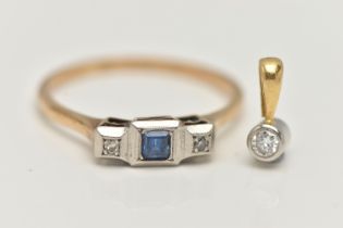A YELLOW METAL SAPPHIRE AND DIAMOND RING, AND A DIAMOND PENDANT, the three stone ring, set with a