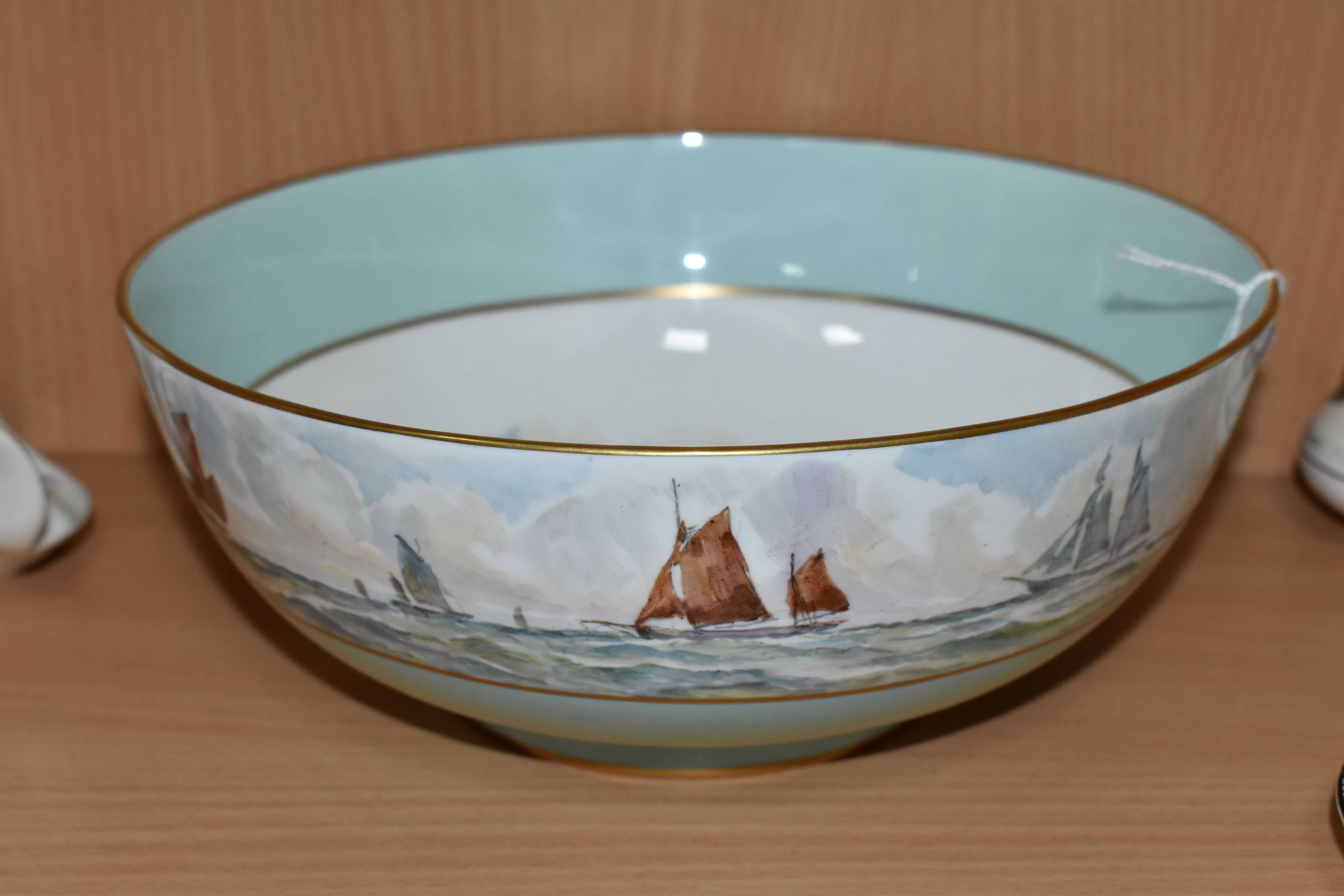 A ROYAL CROWN DERBY FRUIT BOWL BY W E J DEAN, hand painted with nautical scenes of sailing ships and - Image 2 of 4