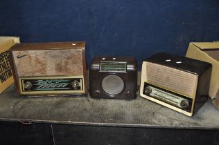 A TRAY CONTAINING THREE VINTAGE RADIOS including an Ekco Model Y319 valve radio with brown