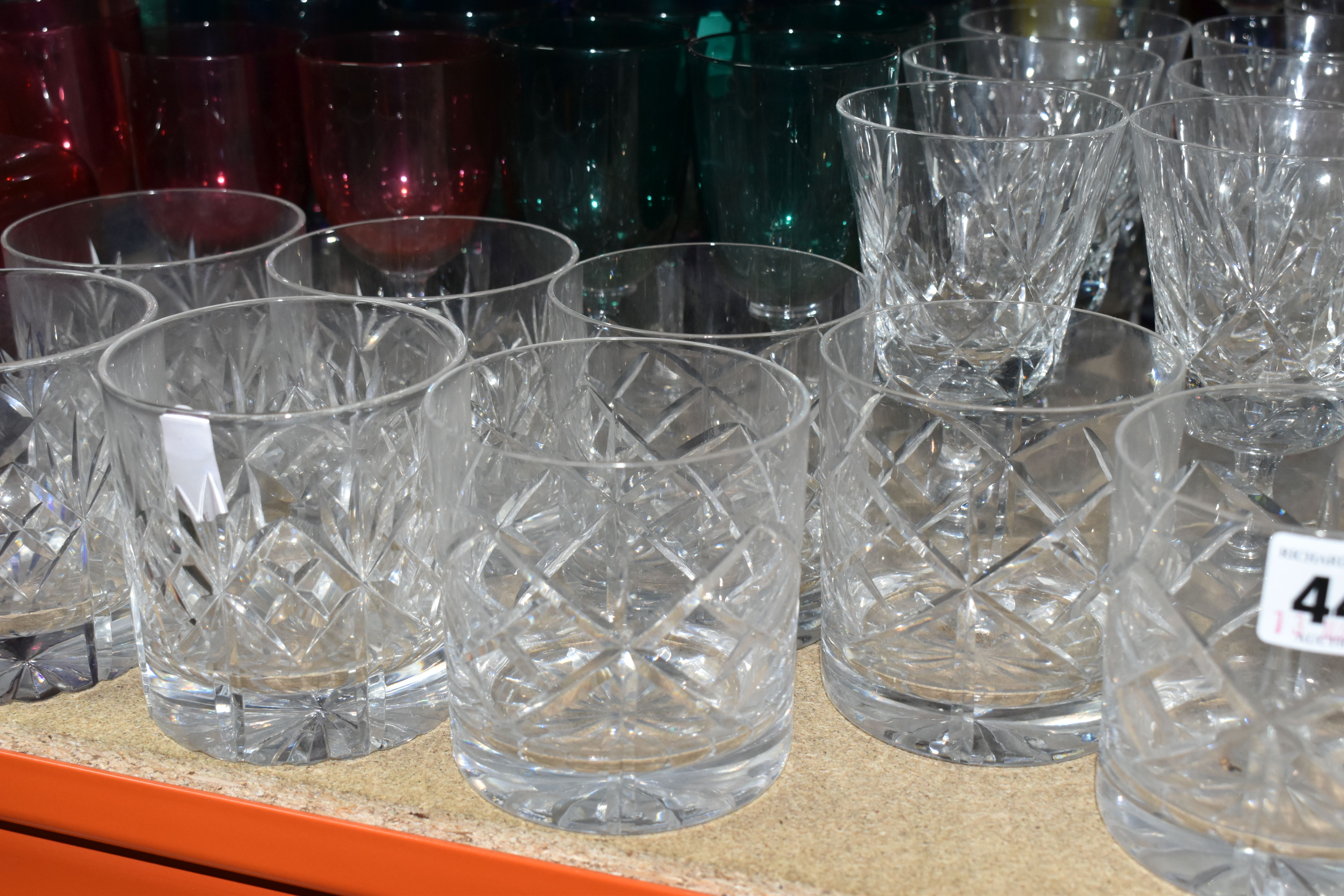 A LARGE SELECTION OF CRYSTAL CUT GLASS AND COLOURED GLASS VESSELS, including two sets of Tudor - Image 3 of 9