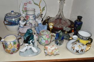 A SMALL SELECTION OF DECORATIVE CERAMICS AND GLASS ETC, to include three Nao sculptures - a group of