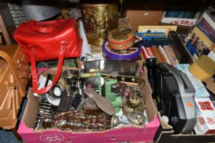 SIX BOXES AND LOOSE METALWARE, EPHEMERA AND SUNDRY ITEMS, to include a sewing box with contents, a