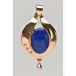A 9CT GOLD LAPIS LAZULI PENDANT, tear drop shape pendant, set with a central oval lapis lazuli
