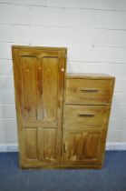 A 20TH CENTURY STAINED PINE GENTLEMAN'S WARDROBE, with a single large door, a single small door