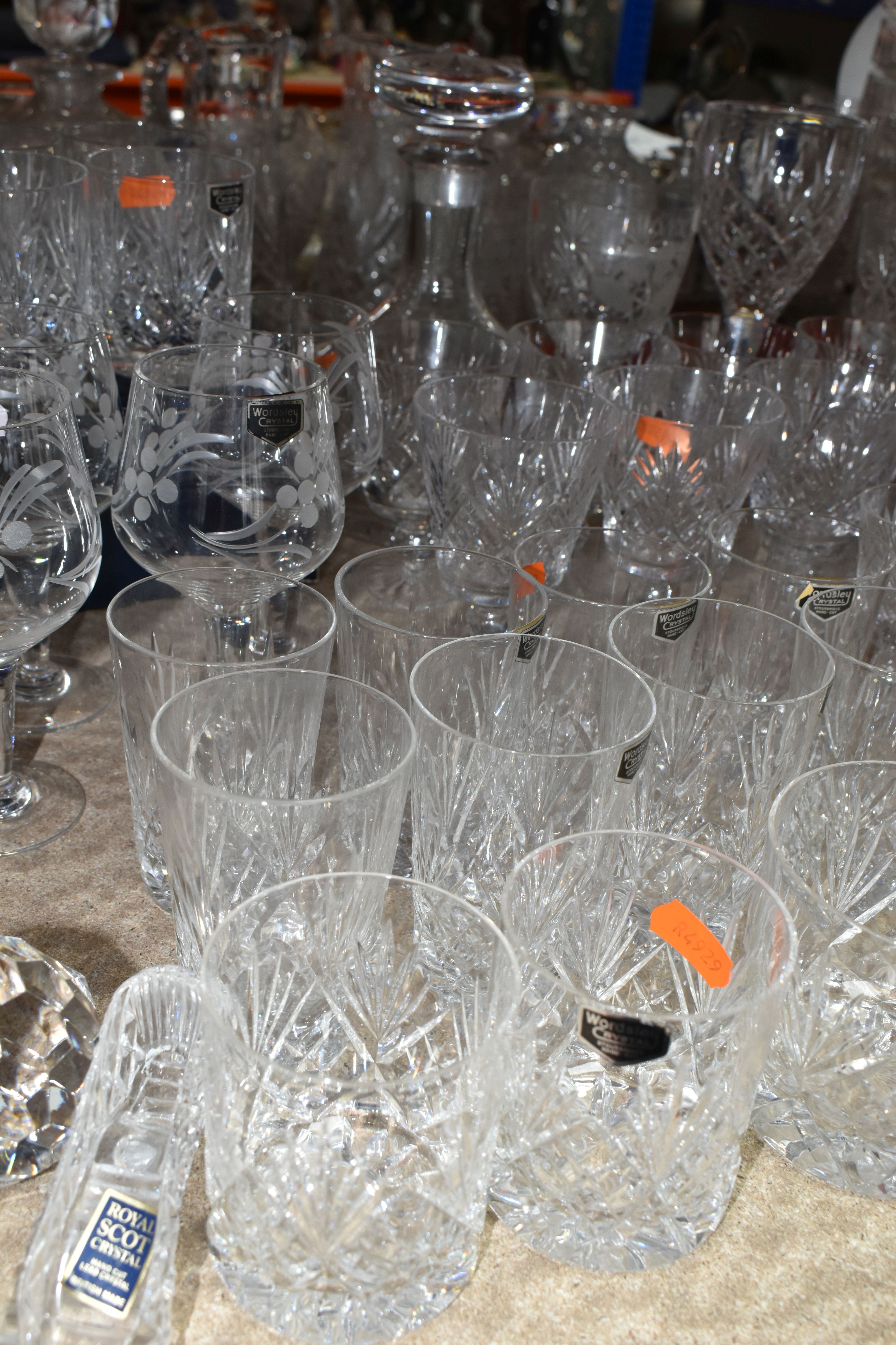 A LARGE COLLECTION OF WORDSLEY AND ROYAL DOULTON CRYSTAL CUT GLASSWARE ETC, including whisky - Image 6 of 10