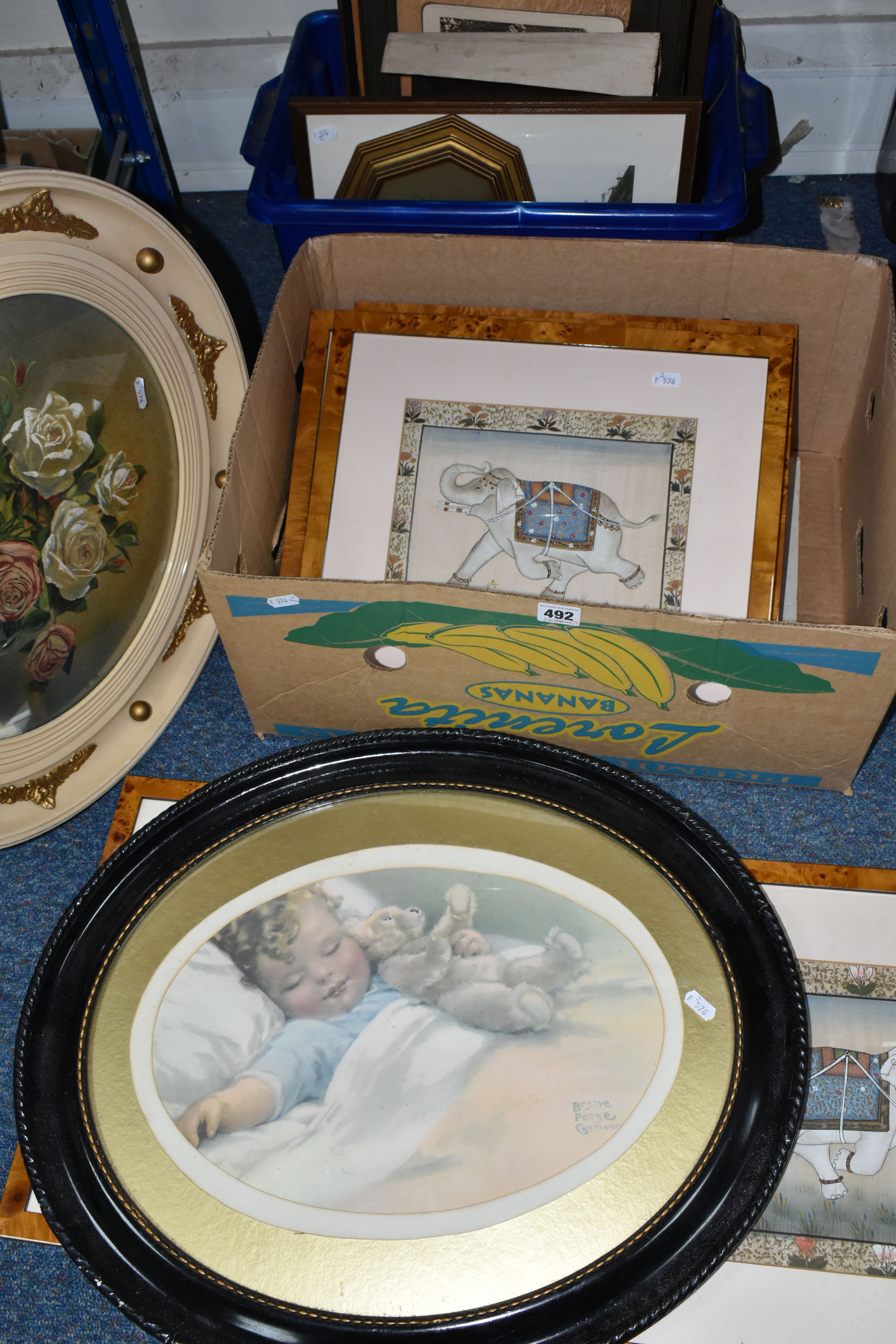 TWO BOXES OF FRAMED PICTURES AND PRINTS, to include a set of six framed Middle Eastern paintings - Image 5 of 7