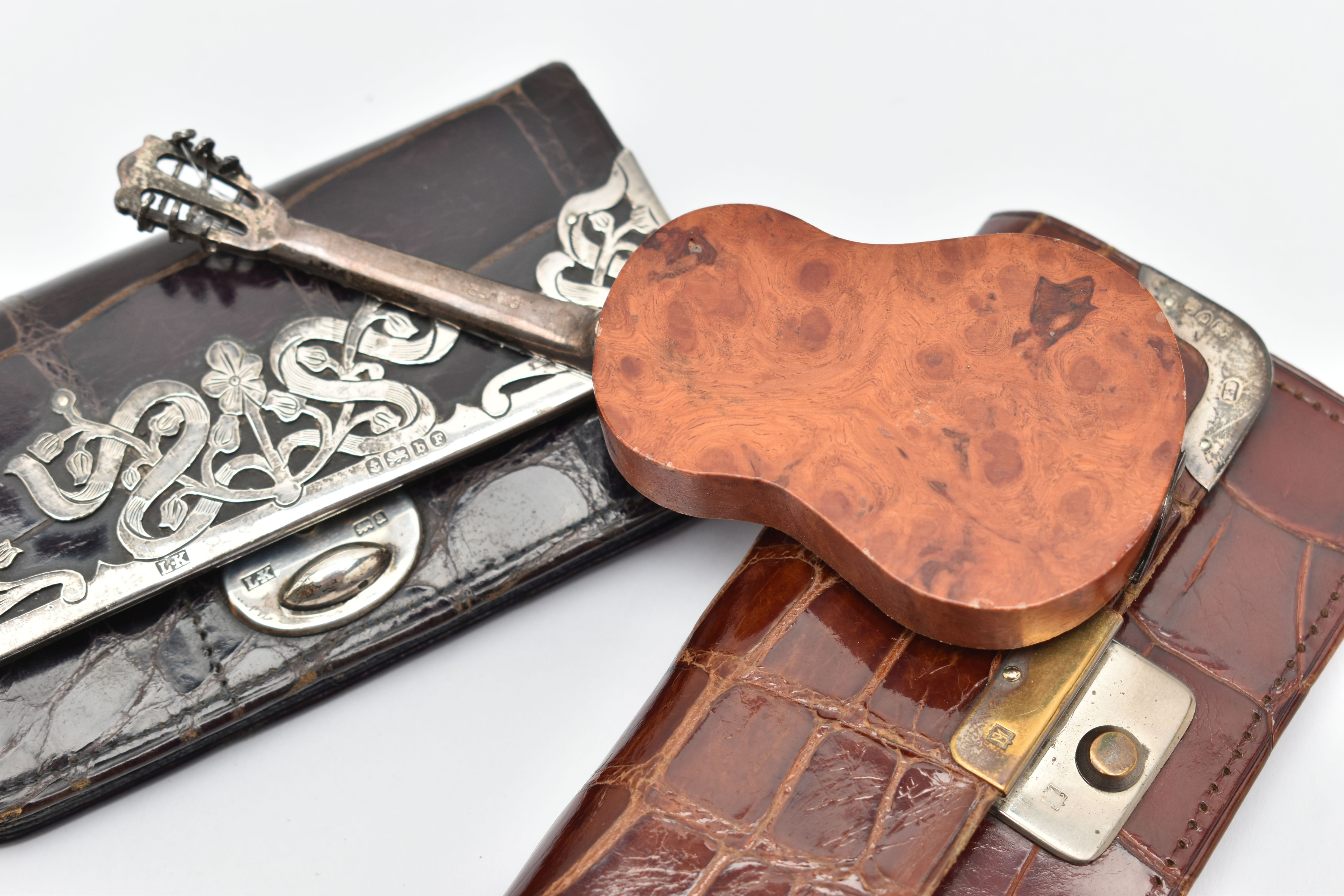 TWO SILVER MOUNTED PURSES AND A MINITURE GUITAR, the first a black croc purse with floral silver - Image 6 of 6