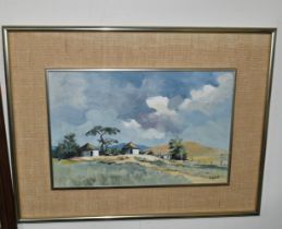 TED HOEFSLOOT (1930-2013) A SOUTH AFRICAN LANDSCAPE, two whitewashed thatched dwellings stand in
