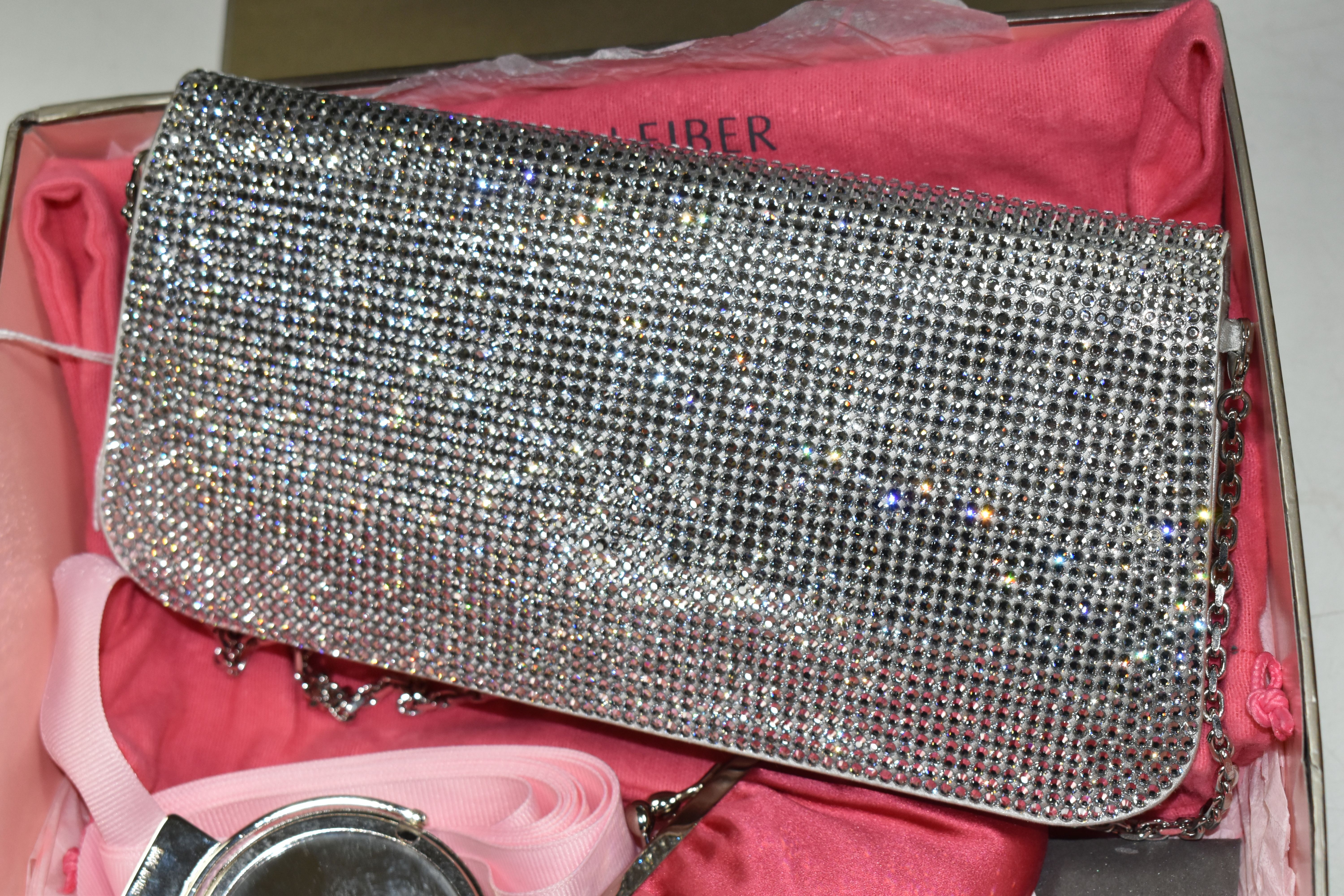A BOXED JUDITH LEIBER DOUBLE SIDED SILVER DIAMANTE BAG, with grey satin exterior and pink satin - Image 3 of 9