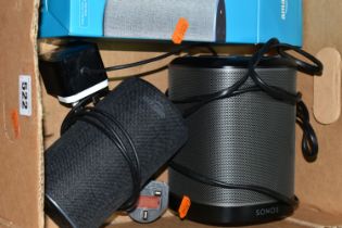 THREE SMART WIRELESS SPEAKERS, comprising a Sonos Play 1, a boxed Amazon Echo lacking the power