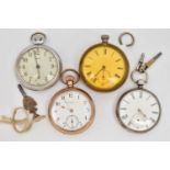 FOUR POCKET WATCHES, to include a gold plated open face pocket watch, manual wind, round white