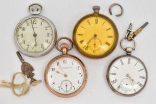 FOUR POCKET WATCHES, to include a gold plated open face pocket watch, manual wind, round white