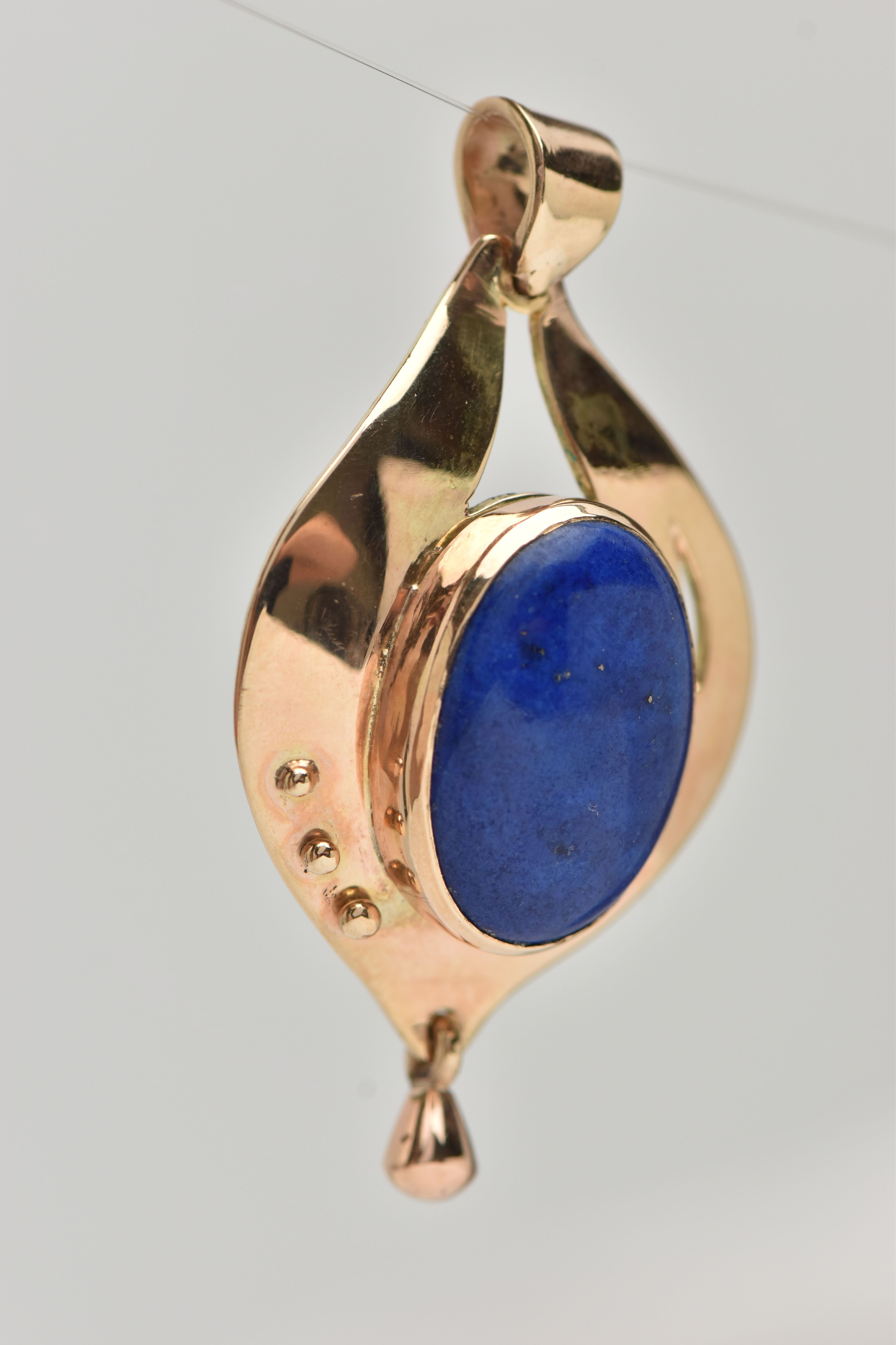 A 9CT GOLD LAPIS LAZULI PENDANT, tear drop shape pendant, set with a central oval lapis lazuli - Image 2 of 4