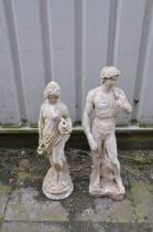 TWO MODERN COMPOSITE GARDEN FIGURES in the form of a Roman male and a Roman female water carrier