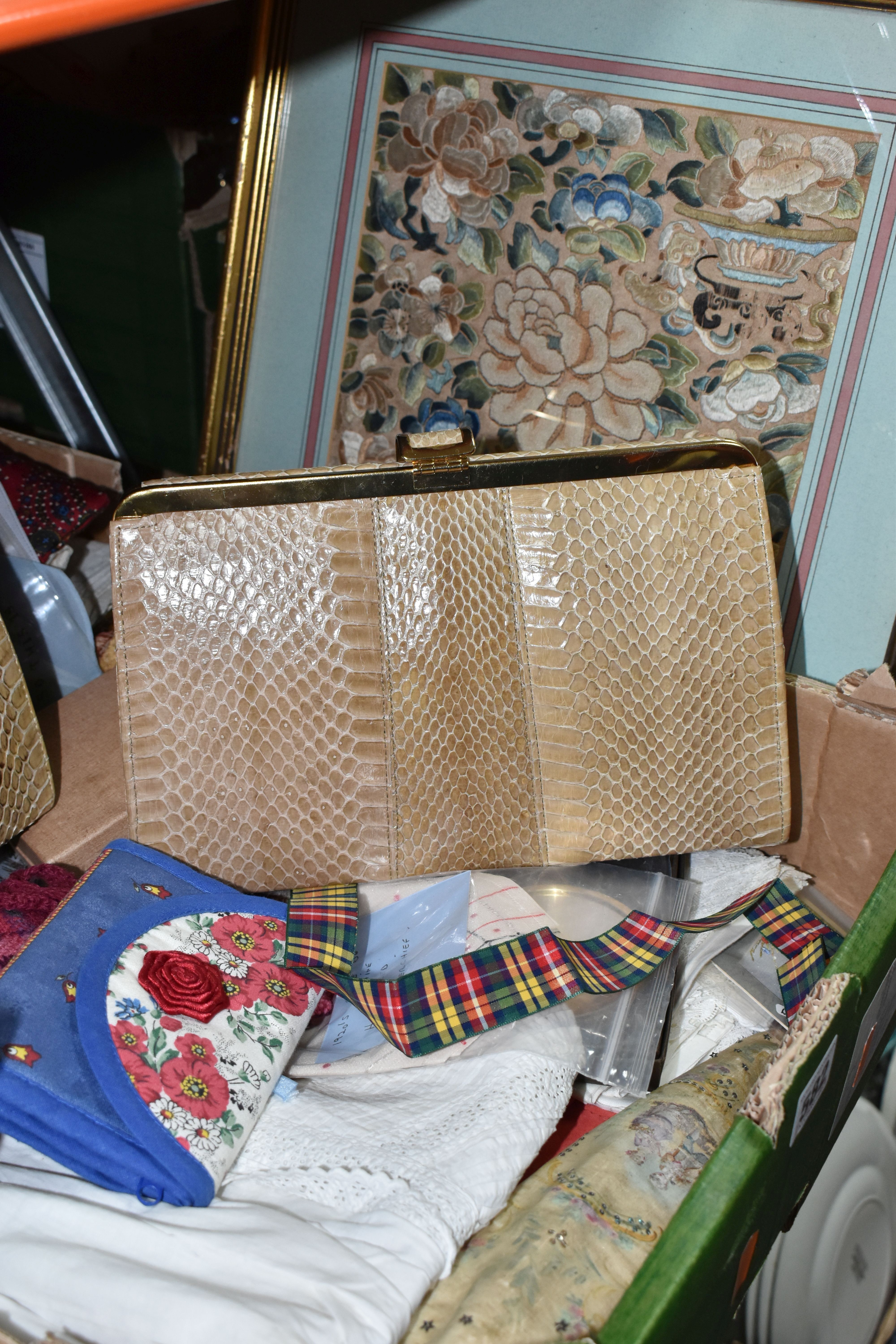 ONE BOX OF VINTAGE HANDKERCHIEFS, EMBROIDERY KITS, AND SNAKE SKIN HANDBAGS, with a large - Image 2 of 6