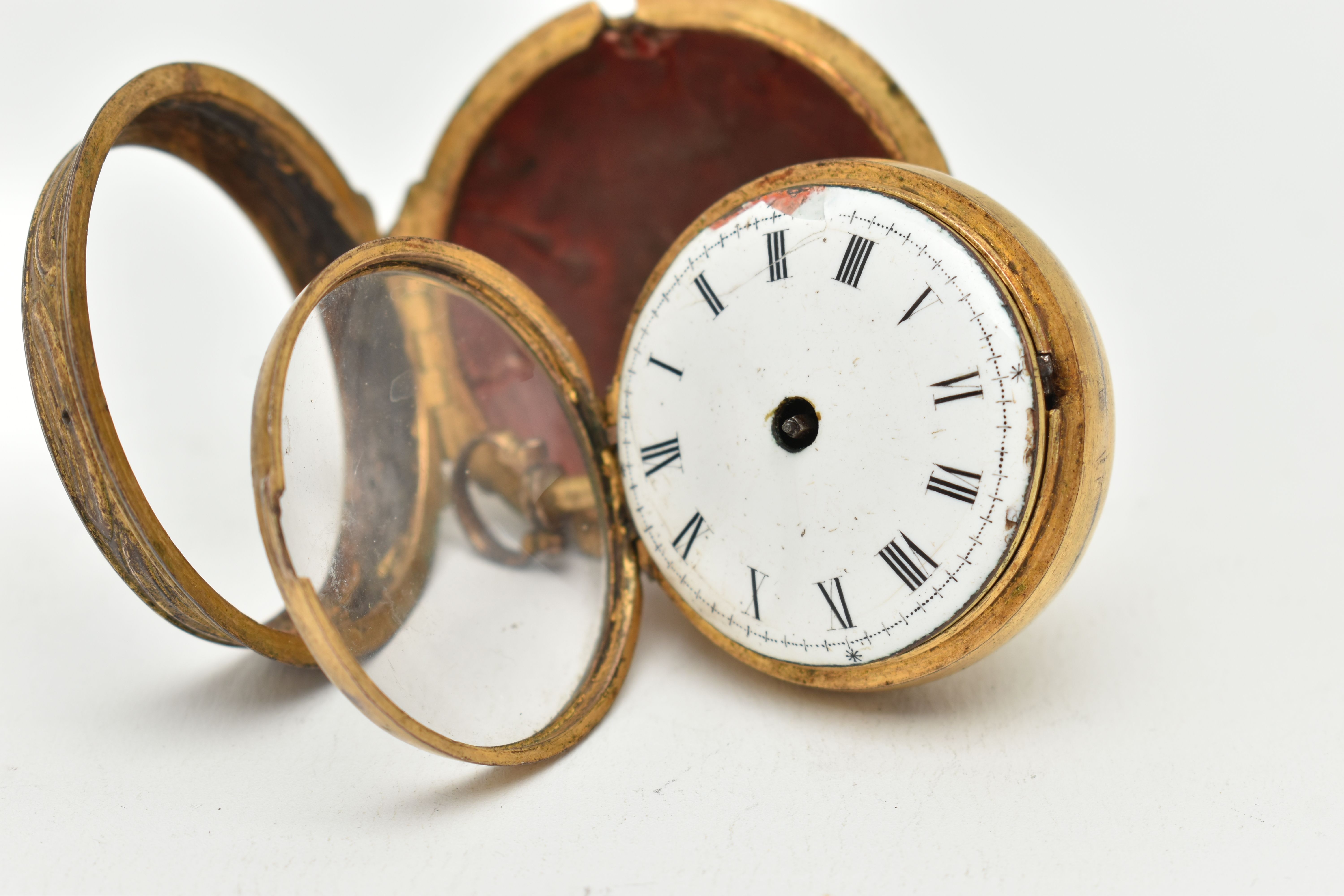 A GILT METAL PAIR CASE, OPEN FACE POCKET WATCH, key wound, round white dial, Roman numerals, missing - Image 5 of 7