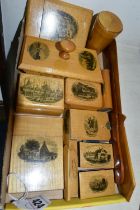 FOURTEEN PIECES OF MAUCHLINE WARES, to include a Pevensey Castle ink blotter, Brighton Pavillion and