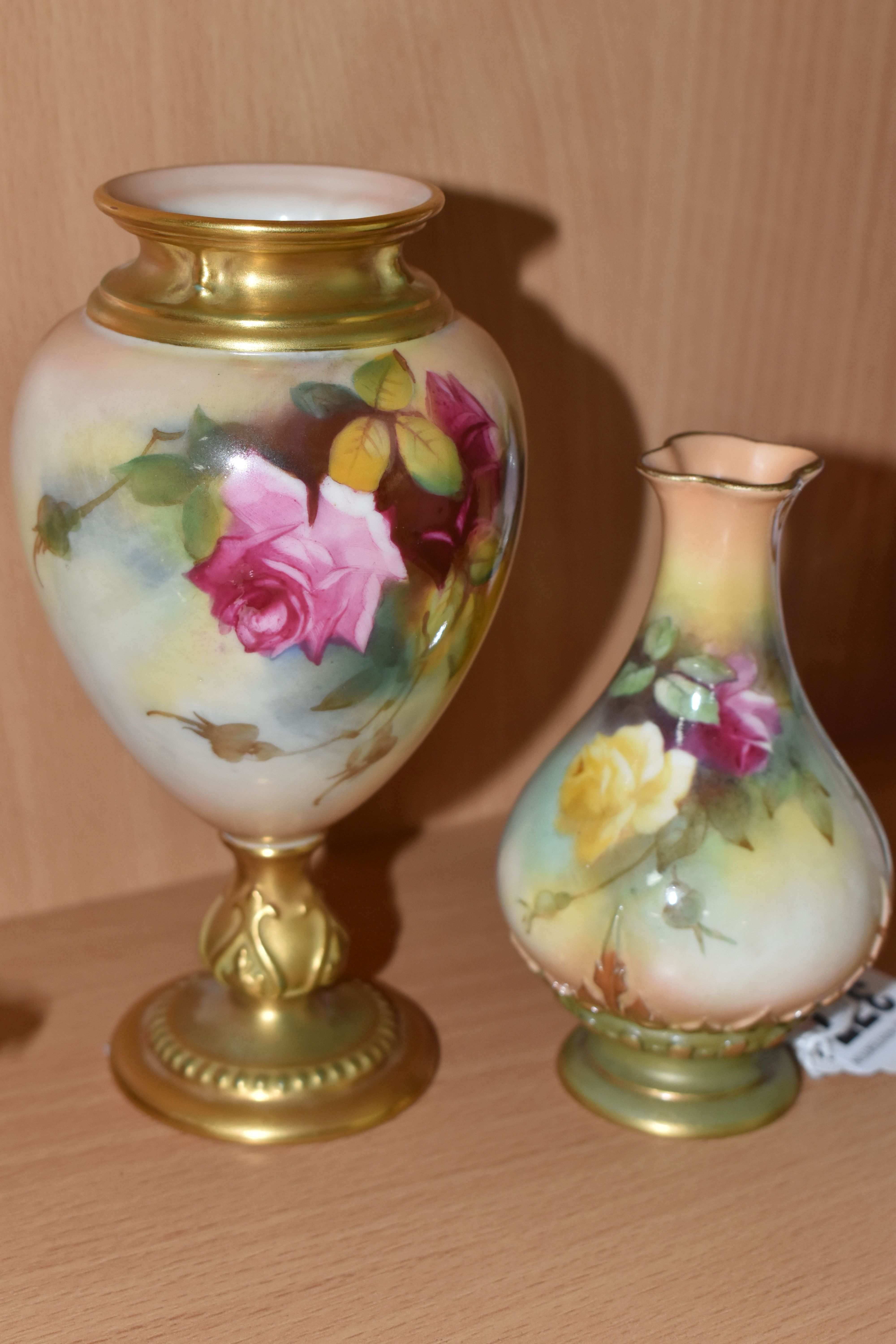 TWO ROYAL WORCESTER BLUSH IVORY VASES, comprising a relief moulded bud vase, model No. 285 decorated - Image 2 of 5
