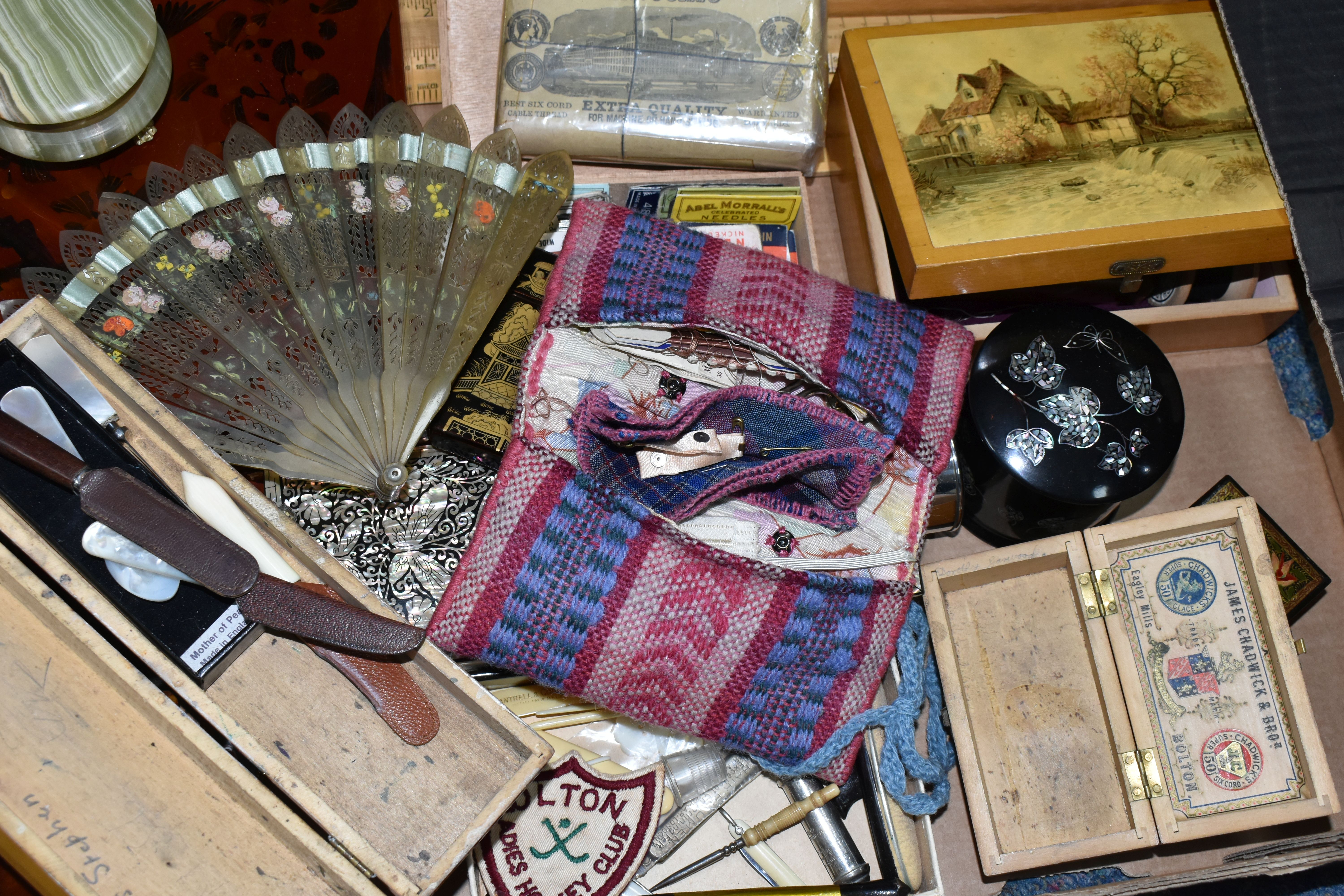 A BOX OF VICTORIAN AND LATER BOXES AND COLLECTABLES, including a sealed pack of J & P Coats cable - Image 6 of 6